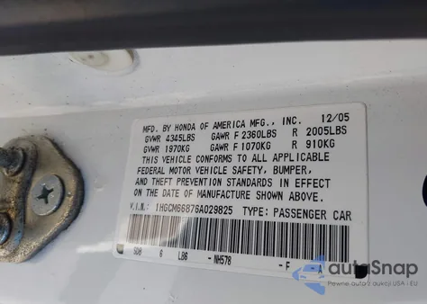 2006 Honda Accord 3.0 Ex из США, поврежденный, VIN 1HGCM66876A029825